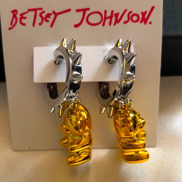 Betsey Johnson Silver Tone Punk And Spice Huggie Hoops Orange Gummy Bear Charm - Picture 1 of 12